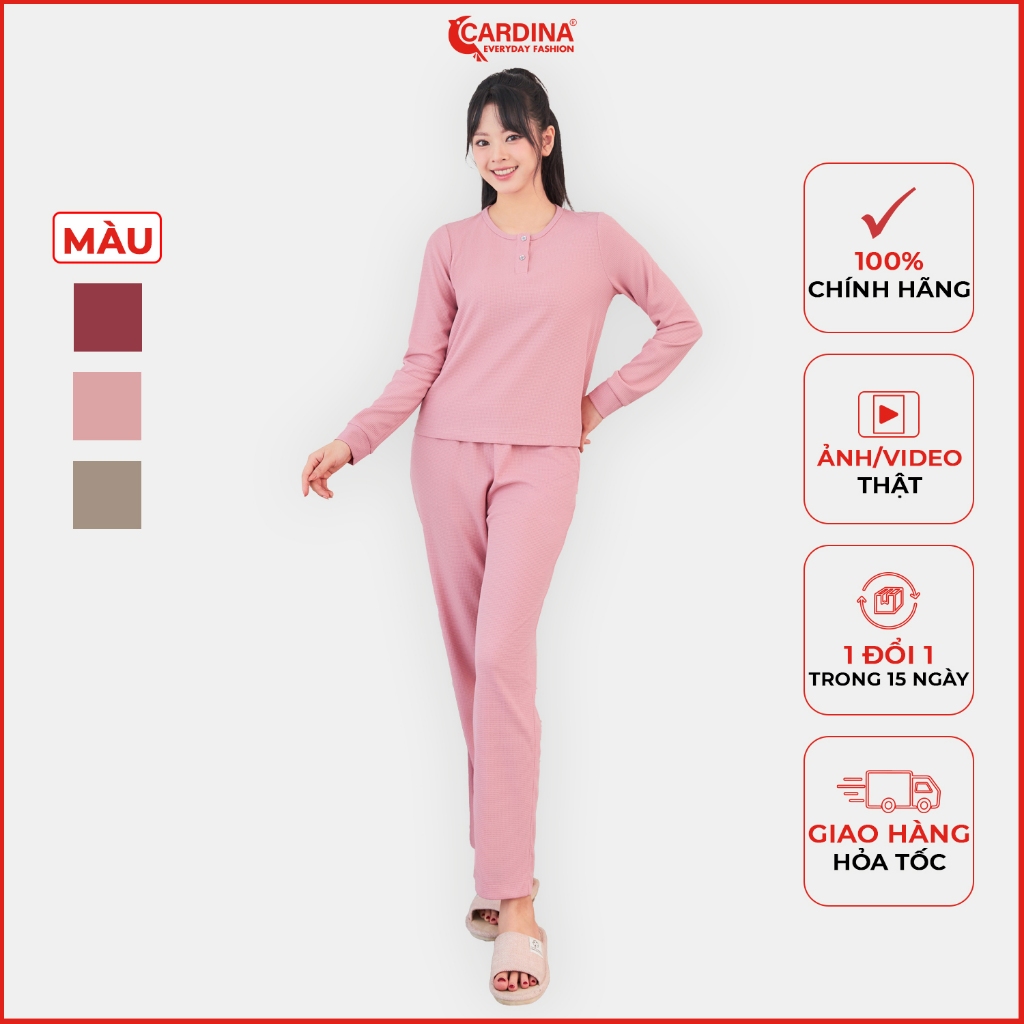 Đồ bộ nữ mặc nhà CARDINA chất cotton tổ ong tay dài cổ trụ ôm vừa tôn dáng 3BTD02