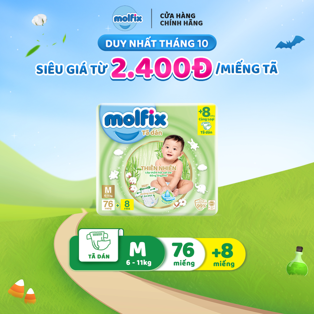 Tã/bỉm dán Molfix Thiên nhiên Super Jumbo M (6kg 11kg) Gói 76+8 miếng