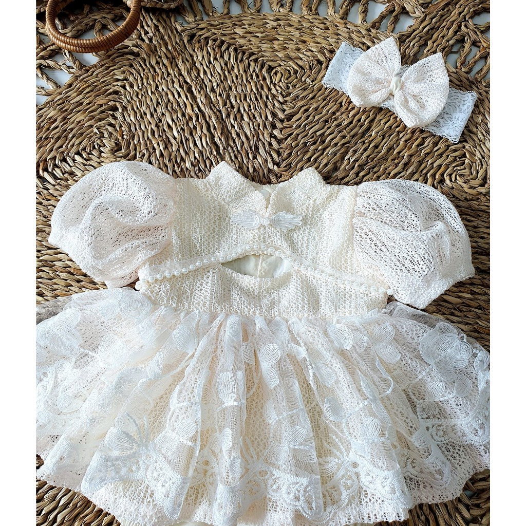 Set body váy bé gái sơ sinh kèm turban MINTSCLOSET Mint's Closet váy kem tay phồng cổ tàu bé sơ sinh 1 2 3 tuổi - BV7051