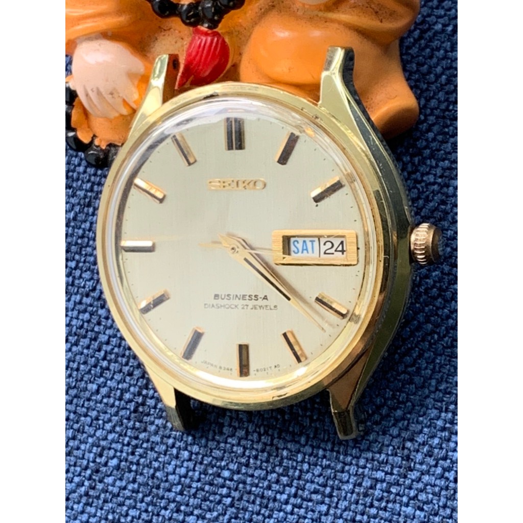 Đồng hồ nam Seiko Business-A automatic 27jewels, lịch thứ ngày, mặt màu vàng, niềng mạ vàng dây da của Nhật