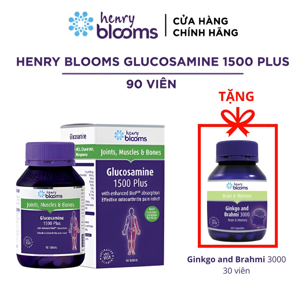 Viên uống sức khỏe Henry Blooms Glucosamine 1500 Plus hỗ trợ giảm nguy cơ thoái hóa khớp và bảo vệ màng sụn khớp.