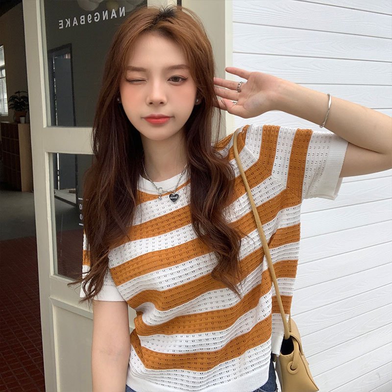 Áo thun dệt kim tay ngắn , áo vải len montoghi hoạ tiết sọc ngang trẻ trung phong cách hàn quốc 3Fashion - A15