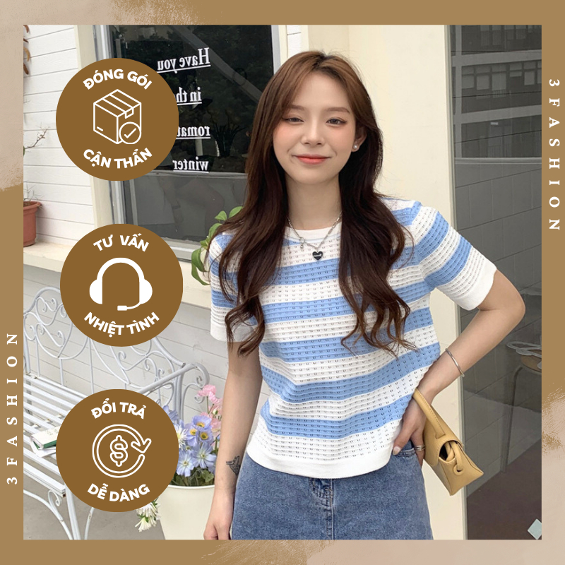 Áo thun dệt kim tay ngắn , áo vải len montoghi hoạ tiết sọc ngang trẻ trung phong cách hàn quốc 3Fashion - A15