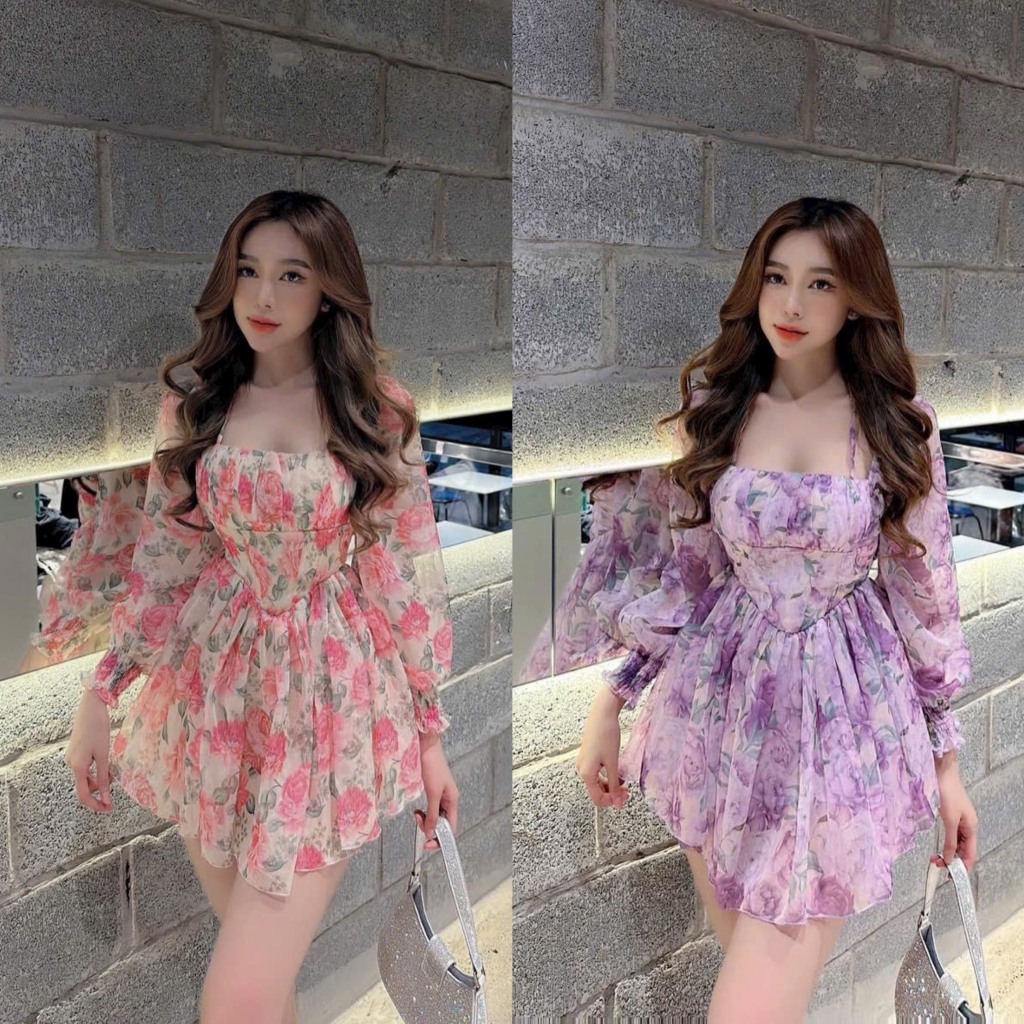 Đầm váy nữ xòe voan hoa tay dài bo chun với 2 tone màu xinh xắn, tươi tắn dành cho các tình yêu đi dự tiệc, đi biển