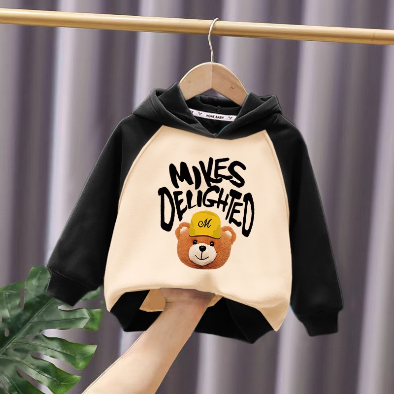 Áo nỉ hoodie có mũ in hình gấu đội mũ chữ M cho bé trai bé gái