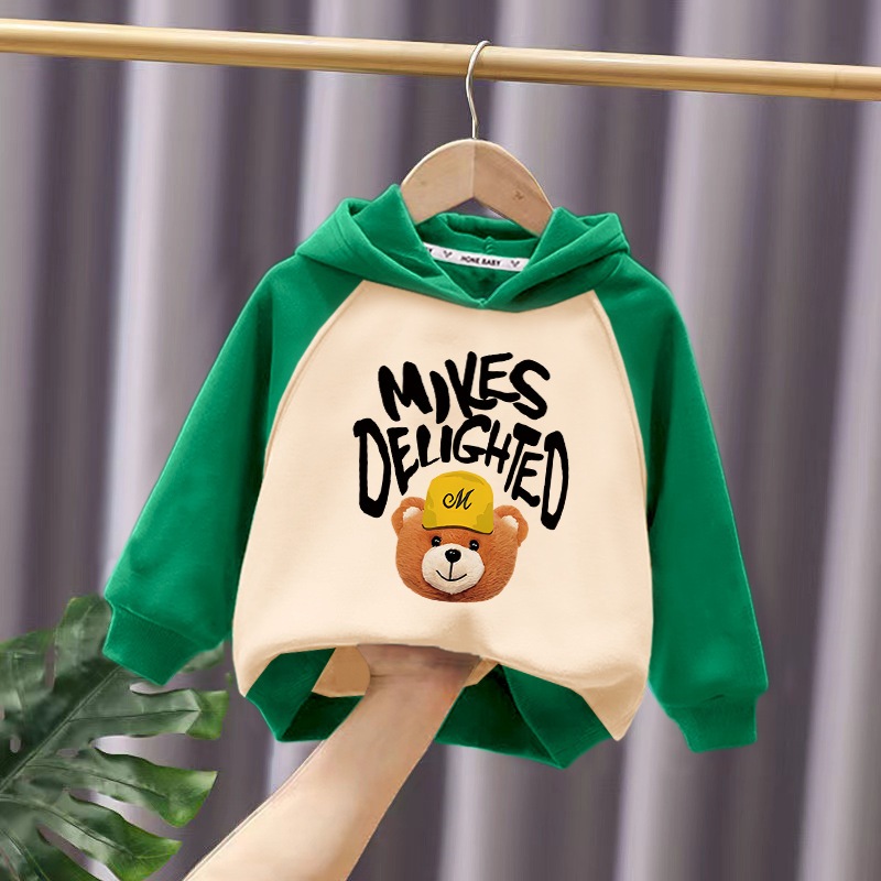 Áo nỉ hoodie có mũ in hình gấu đội mũ chữ M cho bé trai bé gái