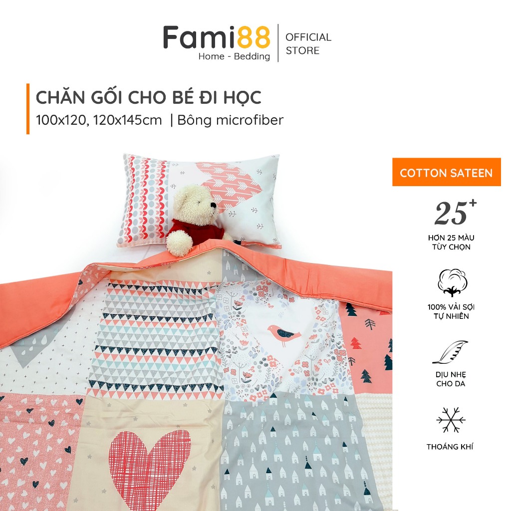 Chăn gối cho bé đi học mầm non tiểu học Fami88 Bedding, mền cho bé gái Công Chúa Pony Hello Kitty 100% cotton tự nhiên