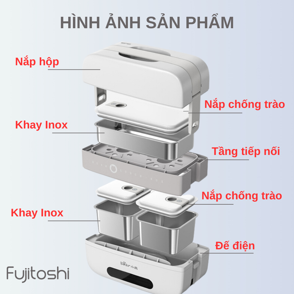 Hộp cơm cắm điện Fujitoshi - Bear 4 chế độ nấu tự động có hẹn giờ 2 Tầng 3 khay cao cấp