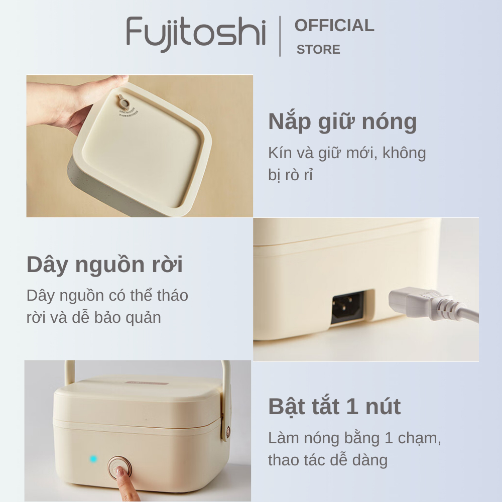 Hộp cơm cắm điện cao cấp Fujitoshi-Bear 1 tầng 3 ngăn không dùng nước giữ trọn hương vị