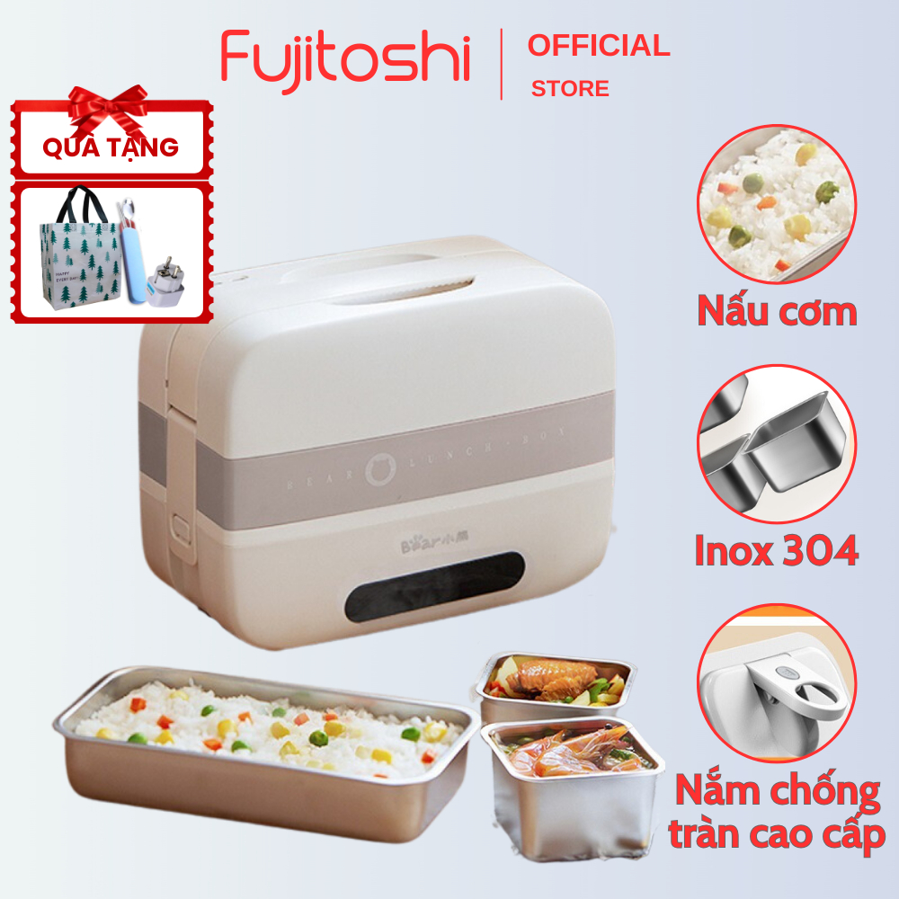 Hộp cơm cắm điện cao cấp Fujitoshi-Bear 1 tầng 3 ngăn không dùng nước giữ trọn hương vị