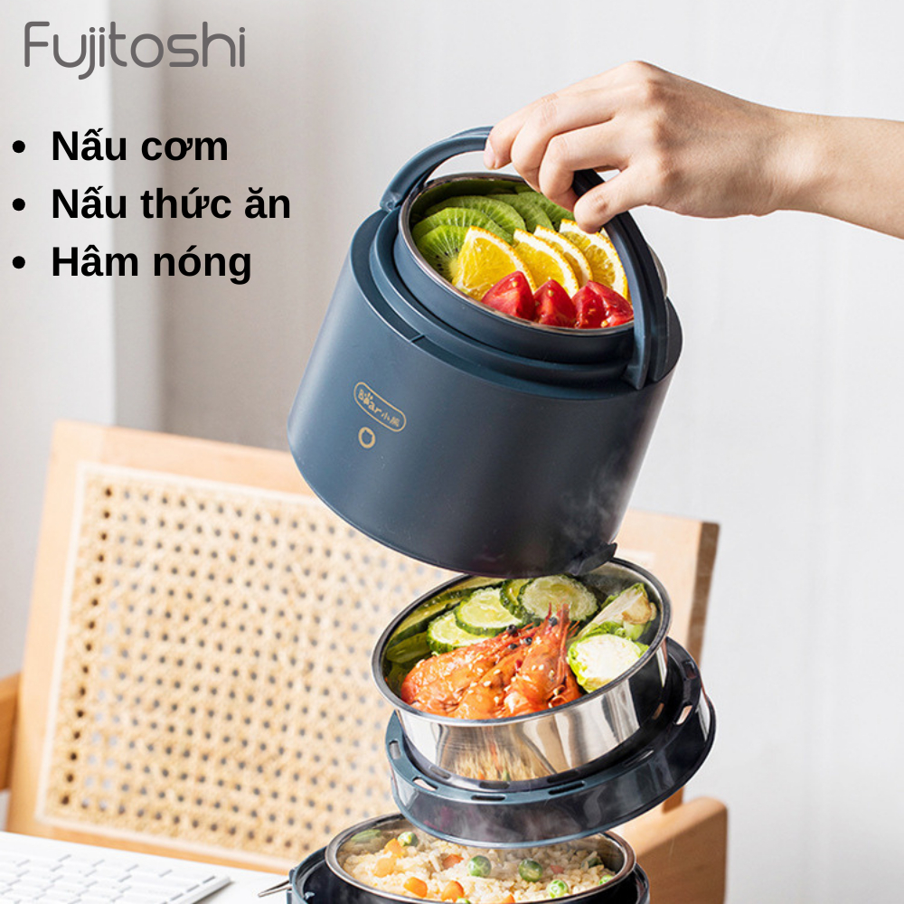 Hộp cơm cắm điện Fujitoshi - Bear điện tử 3 tầng 4 chết độ nấu tự động kèm túi đũa thìa