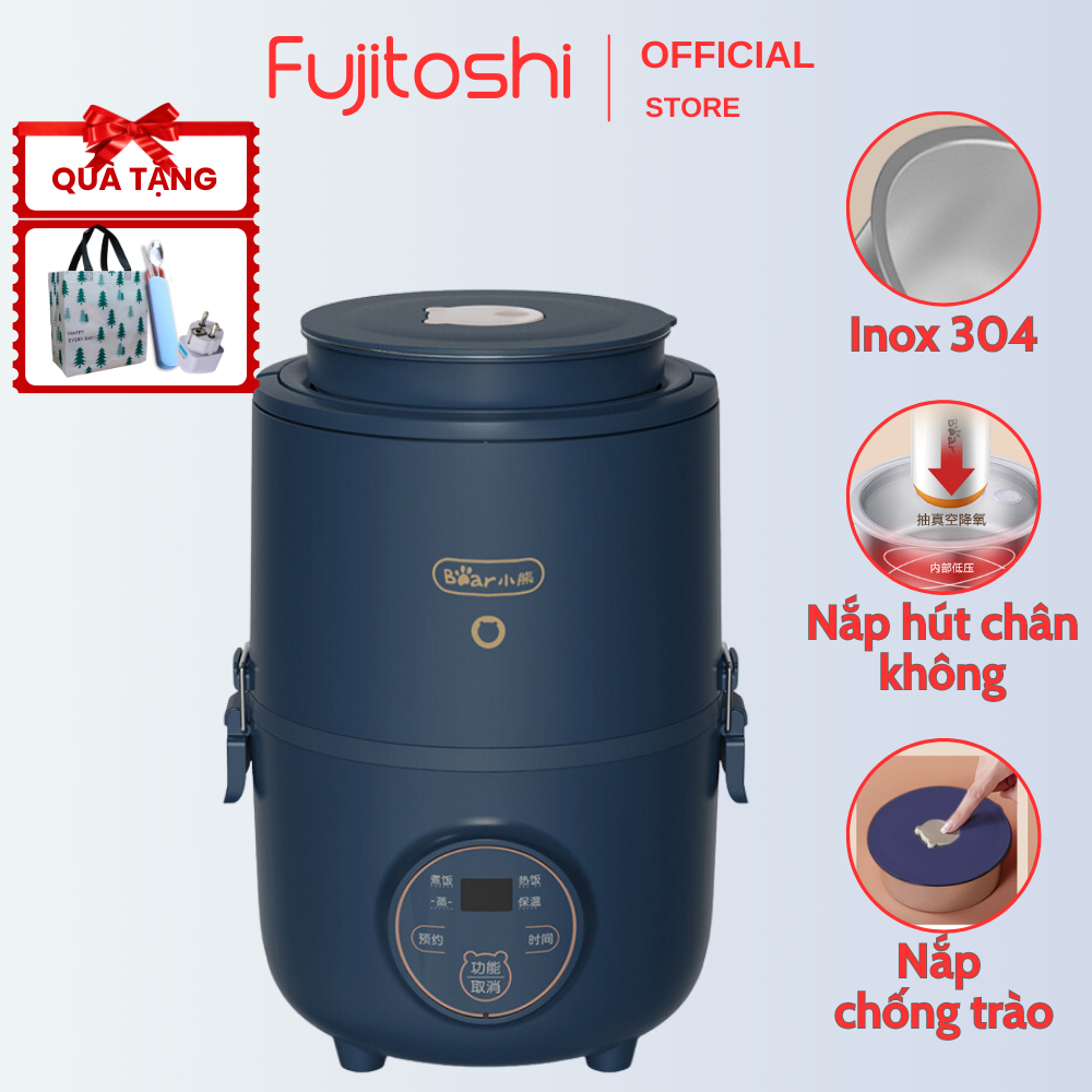 Hộp cơm cắm điện cao cấp Fujitoshi-Bear 1 tầng 3 ngăn không dùng nước giữ trọn hương vị