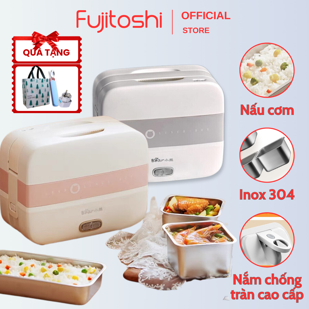 Hộp cơm cắm điện Fujitoshi - Bear điện tử 3 tầng 4 chết độ nấu tự động kèm túi đũa thìa