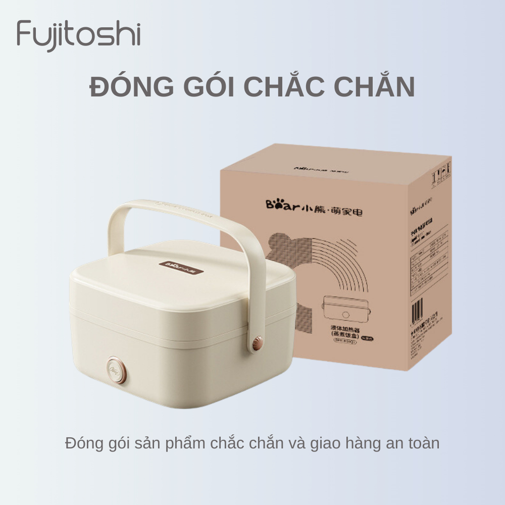 Hộp cơm cắm điện cao cấp Fujitoshi-Bear 1 tầng 3 ngăn không dùng nước giữ trọn hương vị