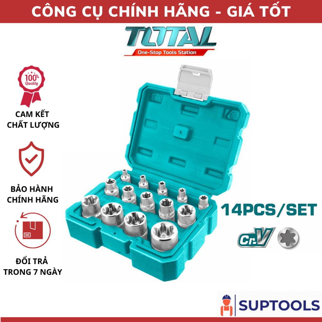 Bộ 14 đầu tuýp loại E TOTAL THKTETS0114 Bộ đầu khẩu E4-E24 Dùng để mở bu long đai ốc sửa chữa [Đồ nghề Chính Hãng]