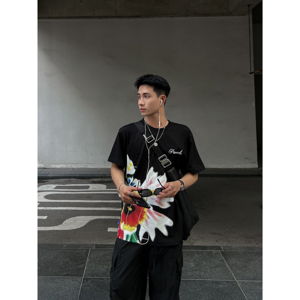 Áo thun form rộng Paradox tay lỡ - Unisex - In hình - DAHLIA FLOWER - Đen