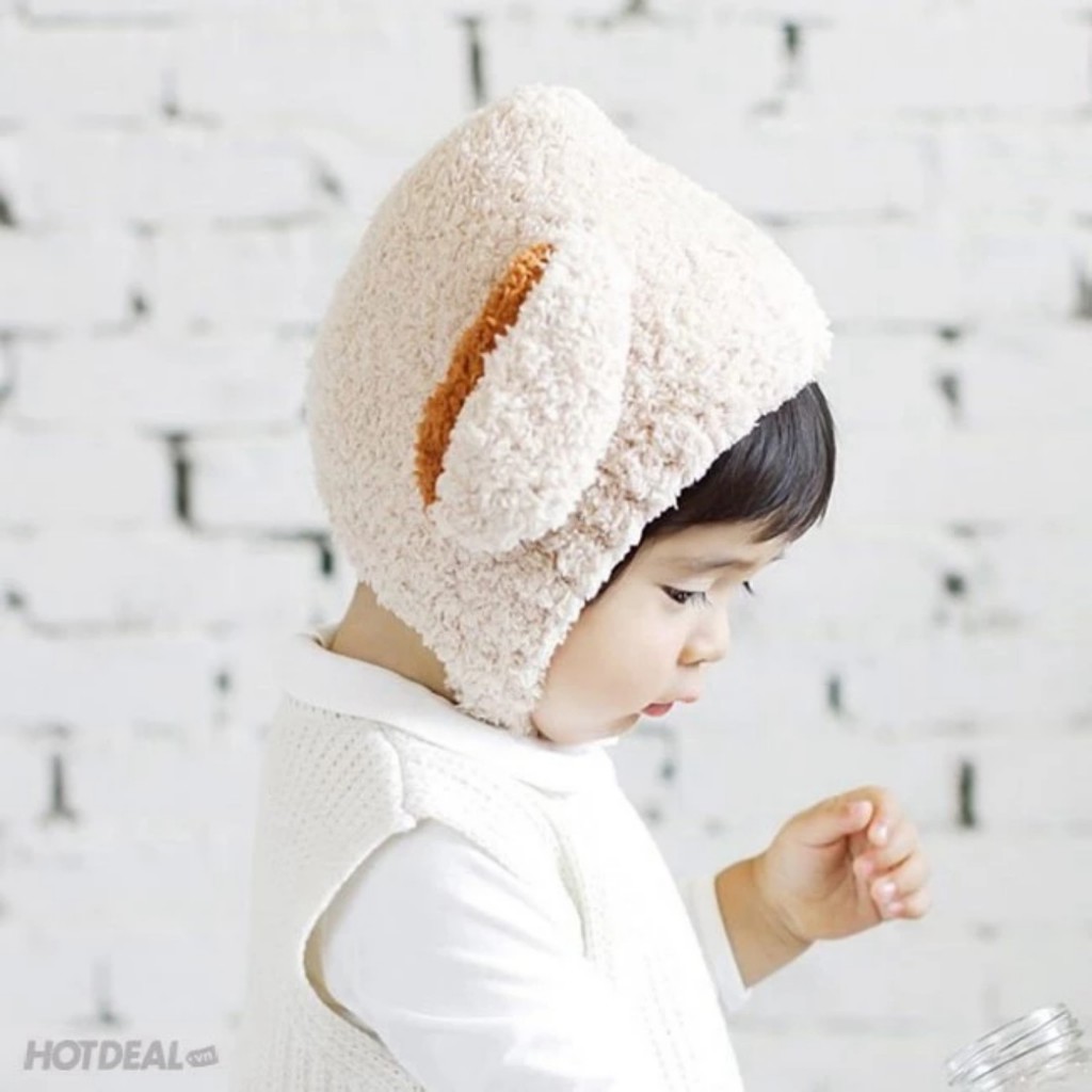 Mũ len cho bé trai, bé gái lông cừu tai thỏ có cúc che kín tai