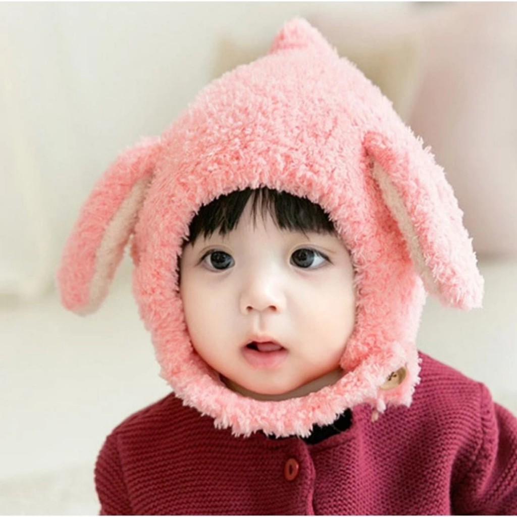 Mũ len cho bé trai, bé gái lông cừu tai thỏ có cúc che kín tai