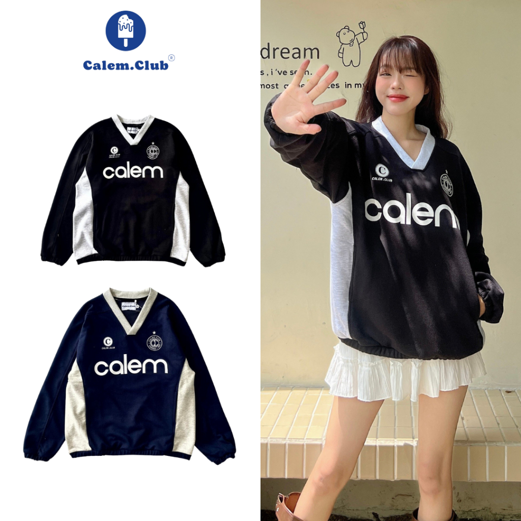 Áo Sweater nỉ tay dài CAMPINAS phối màu cổ tim form BOXY unisex brand Calem Club