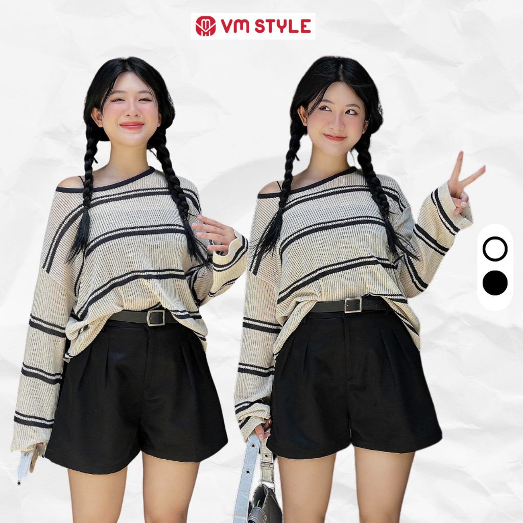 Áo len nữ VMSTYLE tay dài lưới sọc ngang form rộng không kèm lót trong dễ thương, basic đi học, đi chơi - ALU00239