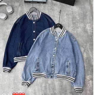 Áo khoác jean bomber Nữ viền sọc bo chun trẻ trung, khoác bóng chày