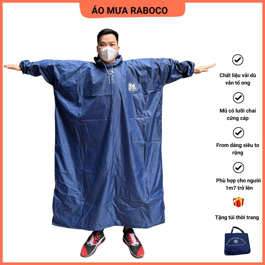 CỠ ĐẠI 1M6 Áo mưa bít nam, áo mưa người lớn bít Raboco vải dù vân tổ ong siêu nhẹ chống thấm, chống rách