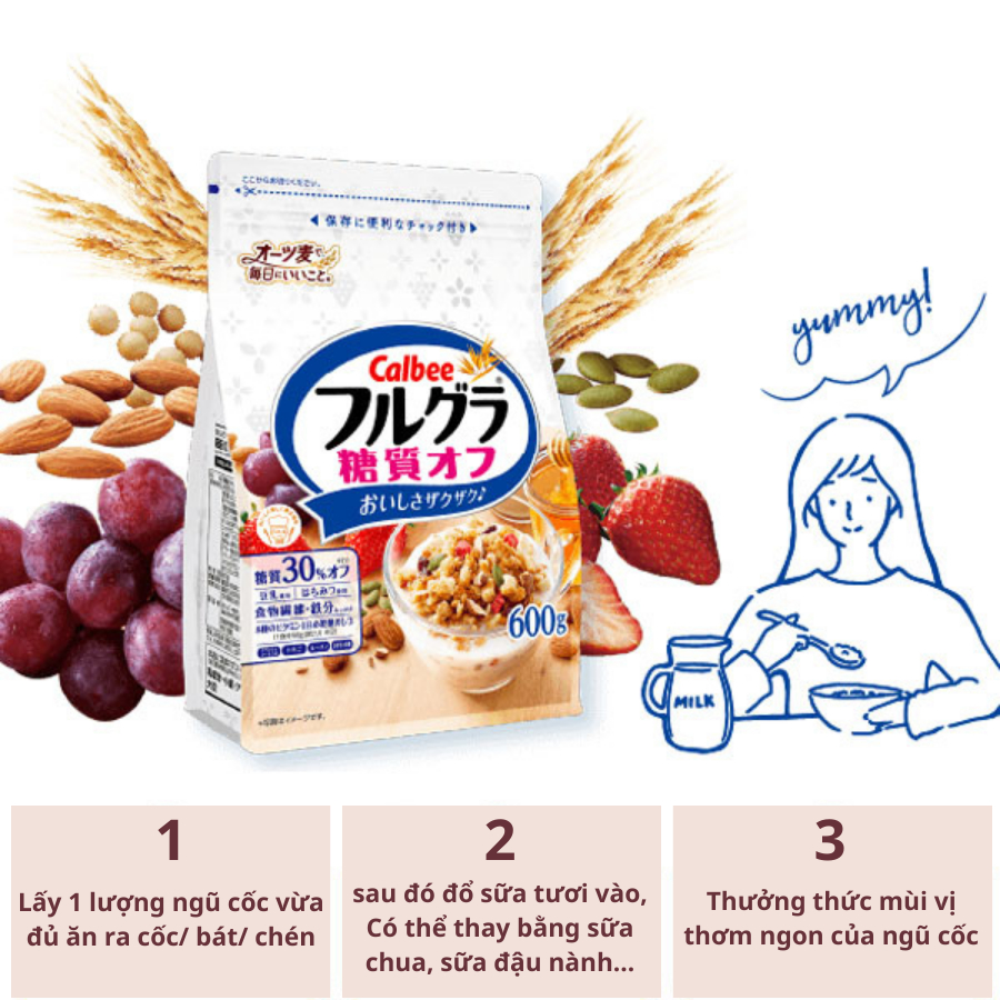 Ngũ Cốc Calbee Nhật Bản Trắng Ít Đường Mix Sữa Chua Hoa Quả Trái Cây Dùng Ăn Sáng 600g