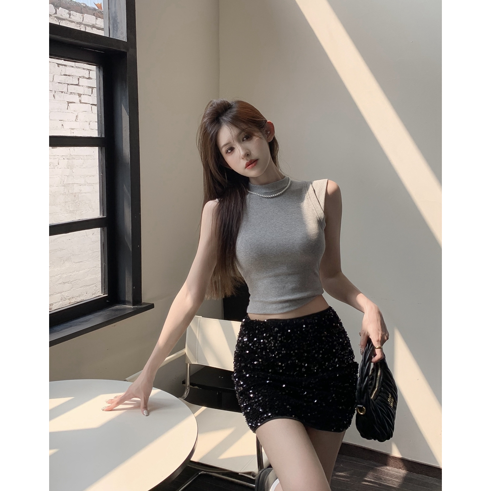 Áo Thun Cổ Lọ Sát Nách Không Tay Có Mút Darlin Bratop Dáng Dài Mặc Blazer Vest A32