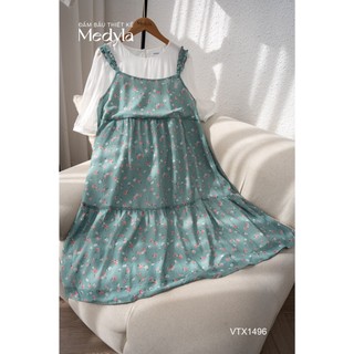 MEDYLA - Váy bầu mùa hè yếm xanh hoa nhí áo lền cho bầu mặc đi chơi du lịch - VTX1496