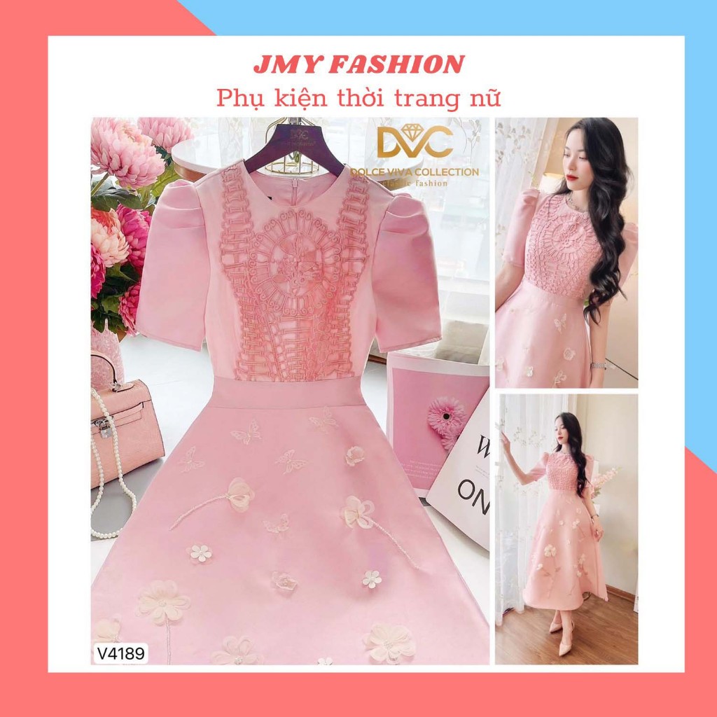 V4189 Váy hồng dự tiệc phối ren [Dolce Viva Colection (DVC)] váy tafta hồng đính hoa tiểu thư nữ tính