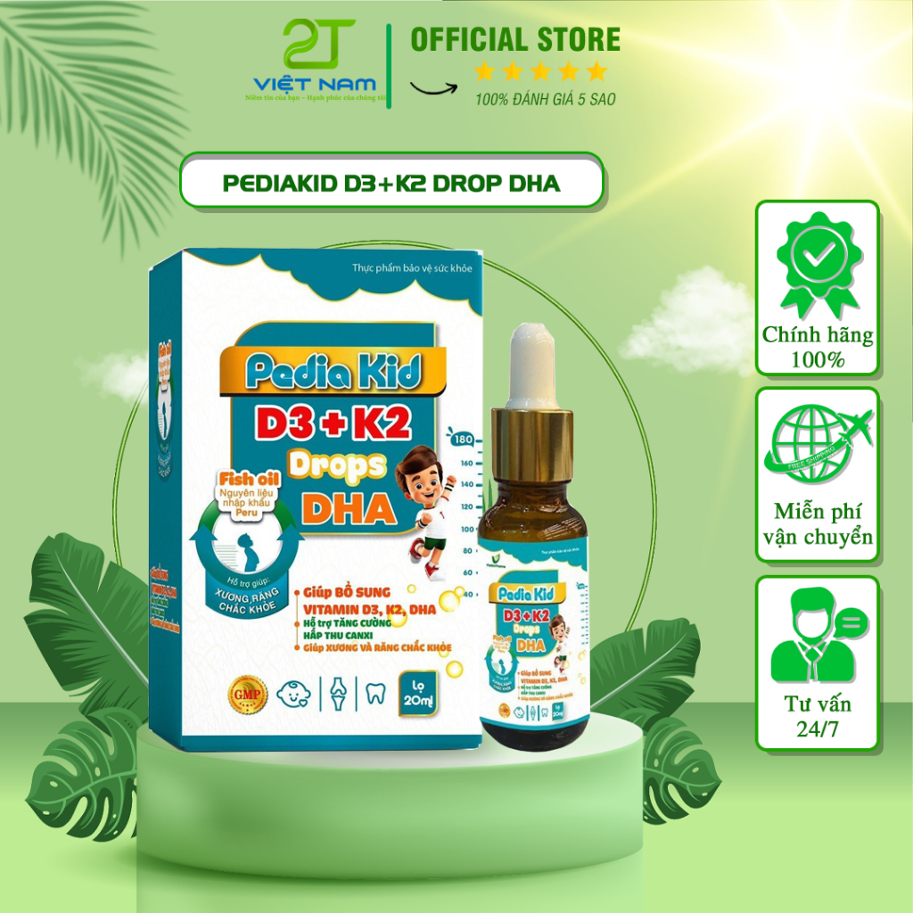 Vitamin D3 K2 DHA trong PEDIAKID D3+K2 DROP DHA nhỏ gọt chai 20ml dành cho trẻ từ 6 tháng tuổi bổ sung Canxi cho trẻ