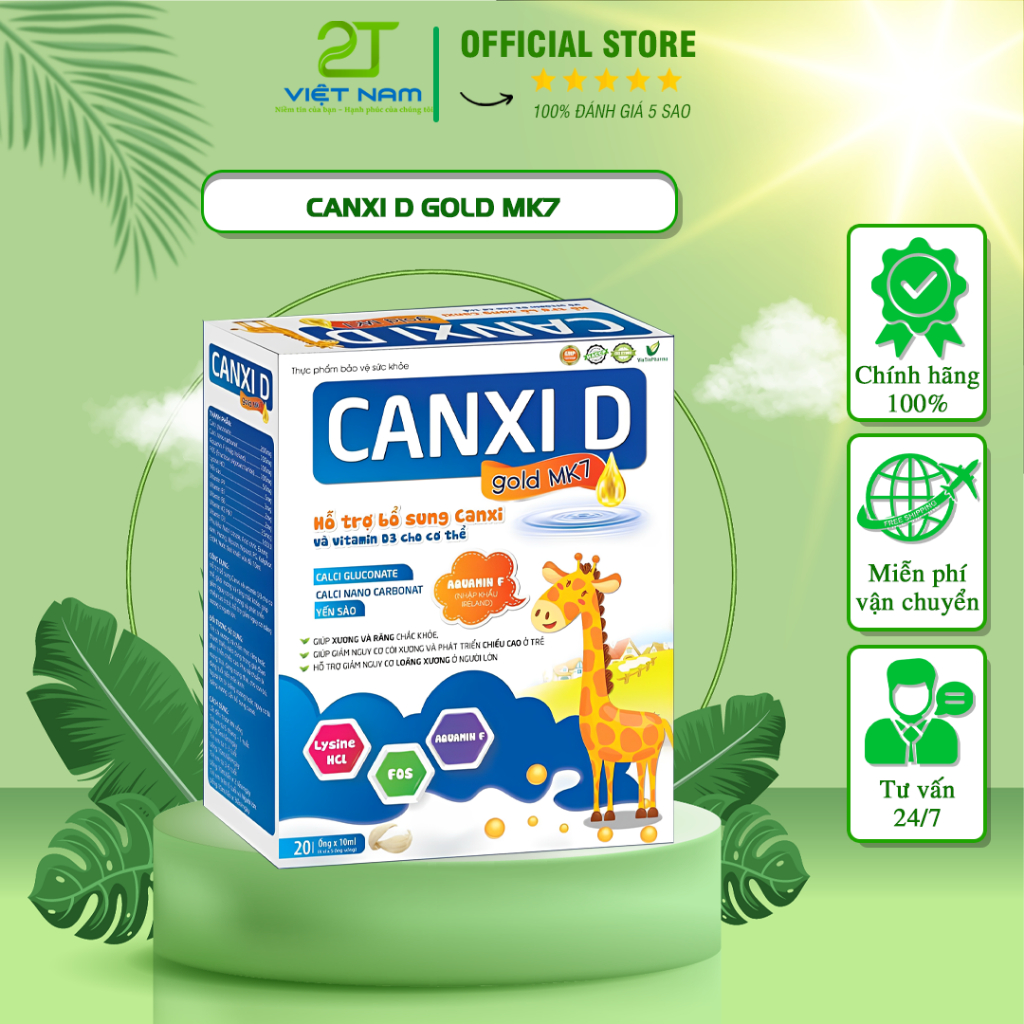 Canxi cho bé CANXI D GOLD MK7 Giúp Xương Chắc Khoẻ, Tăng Chiều Cao Vượt Trội Tăng Hấp Thu (Hộp 20 ống bẻ)