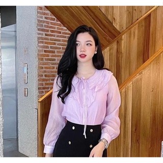 Áo sơ mi công sở nữ dài tay bèo cổ kép nơ nhỏ chất liệu tơ bọt may 2 lớp thiểu thư 245