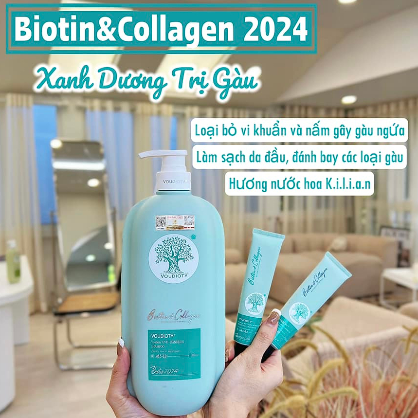 DẦU GỘI BIOTIN COLLAGEN XANH DƯƠNG NGĂN GẦU MƯỢT TÓC 1000ML