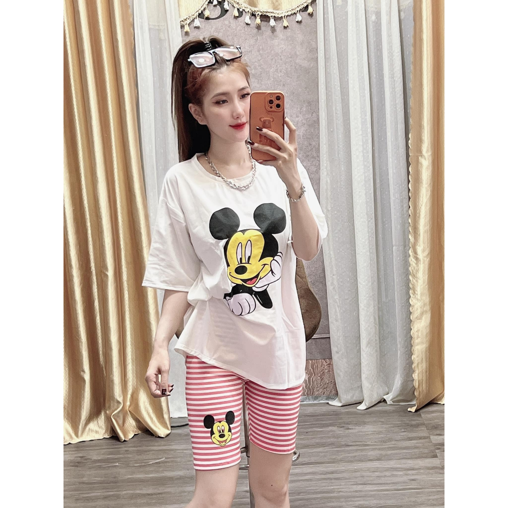 Đồ bộ nữ, set đồ bộ ngố quần lửng đai cao có túi và áo ngắn tay form rộng in gấu thun cotton tici, bộ đồ ngố mặc ở nhà