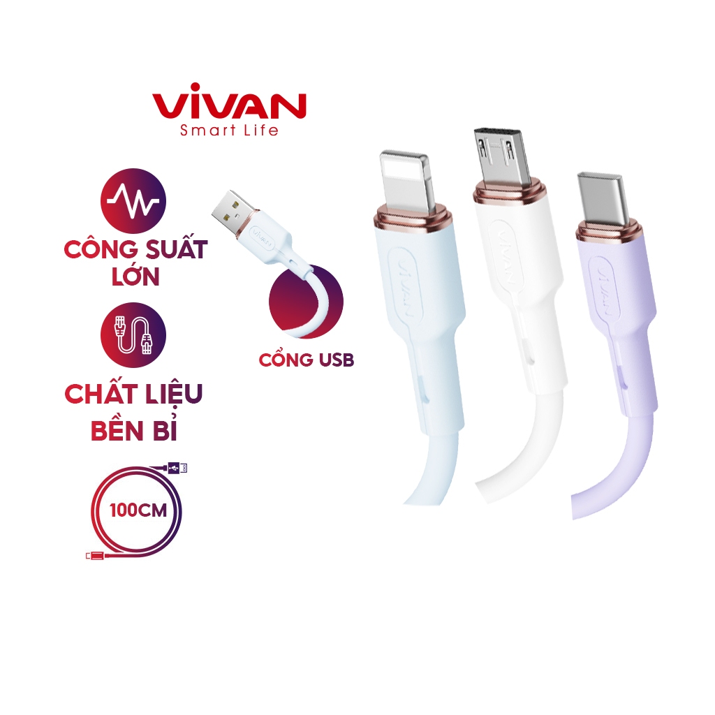 Cáp Sạc Nhanh VIVAN VSL100S/ VSC100S/ VSM100S (Lightning/ Type C/ Micro USB) 1m Chất Liệu Silicon Mềm Dẻo Chống Xoắn Rối