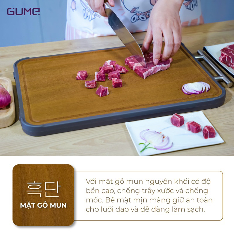 Thớt Kháng Khuẩn Cao Cấp GUME 2 Mặt bằng INOX 304 Với Gỗ Mun Nguyên Khối Bền Bỉ