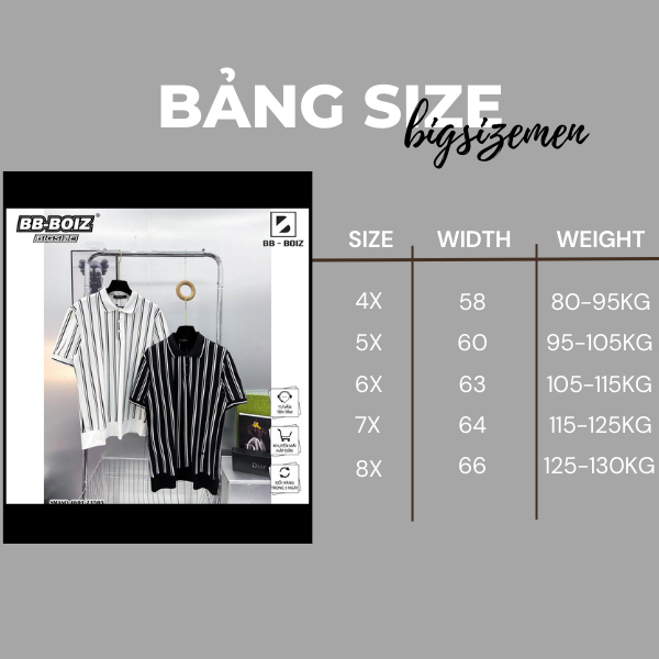 BIGSIZE - Áo thun polo BB - Boiz nam tay ngắn sọc dọc form bigsize 85kg - 125kg