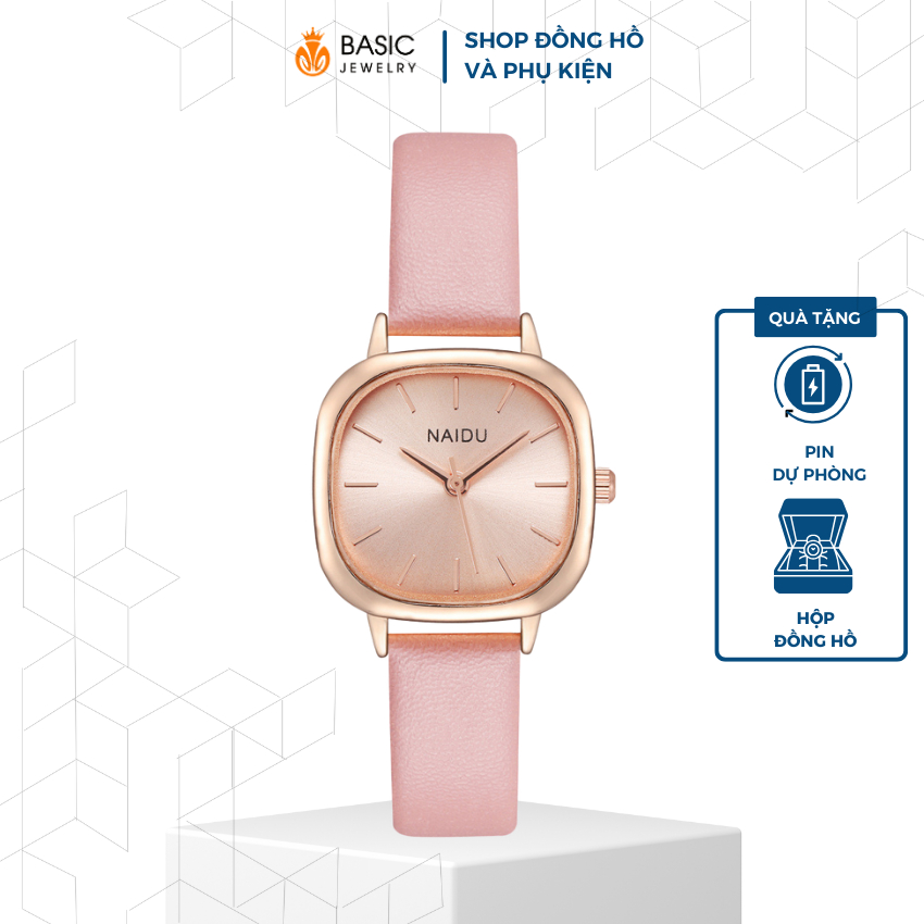 Đồng hồ nữ dây da thời trang NAIDU mặt vuông phong cách Hàn Quốc viền kim loại Basic Jewelry phối màu trẻ trung