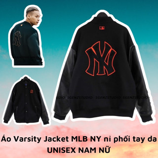 Áo Bomber Nam Nữ Chất Dạ Phối Tay Da - Áo Varsity Jacket Bóng Chày MLB NY Dày Dặn Cao Cấp