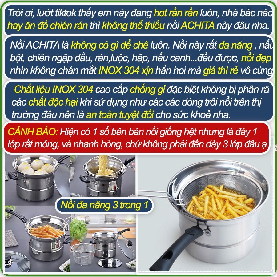 Nồi chiên ngập dầu ACHITA N21 11l kèm xửng hấp và khay chiên, nồi hấp lòng inox 3 lớp chống ăn mòn  -SHOP 3BCARE