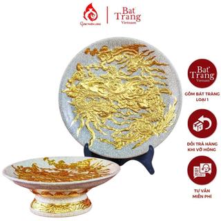 Mâm bồng sứ Bát Tràng Gốm Thiên Long 231124 men rạn đắp nổi dát vàng rồng phượng - Full size