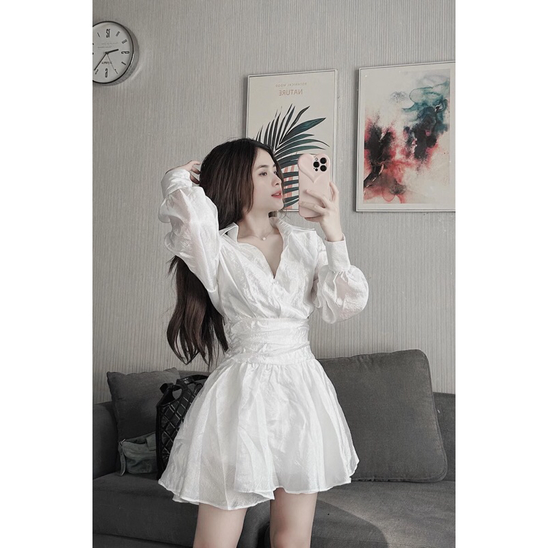 ĐẦM CỔ SƠ MI V TAY PHỒNG BO EO XẾP LY Áo Sơ Mi Nữ Tay Dài