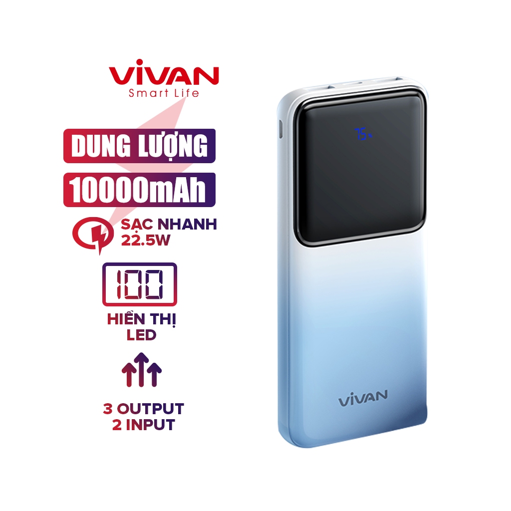 Pin Sạc Dự Phòng VIVAN VPB-D10 Dung lượng 10.000 mAh Sạc nhanh 22.5W QC3.0 & PD 2 cổng sạc vào 3 cổng sạc ra