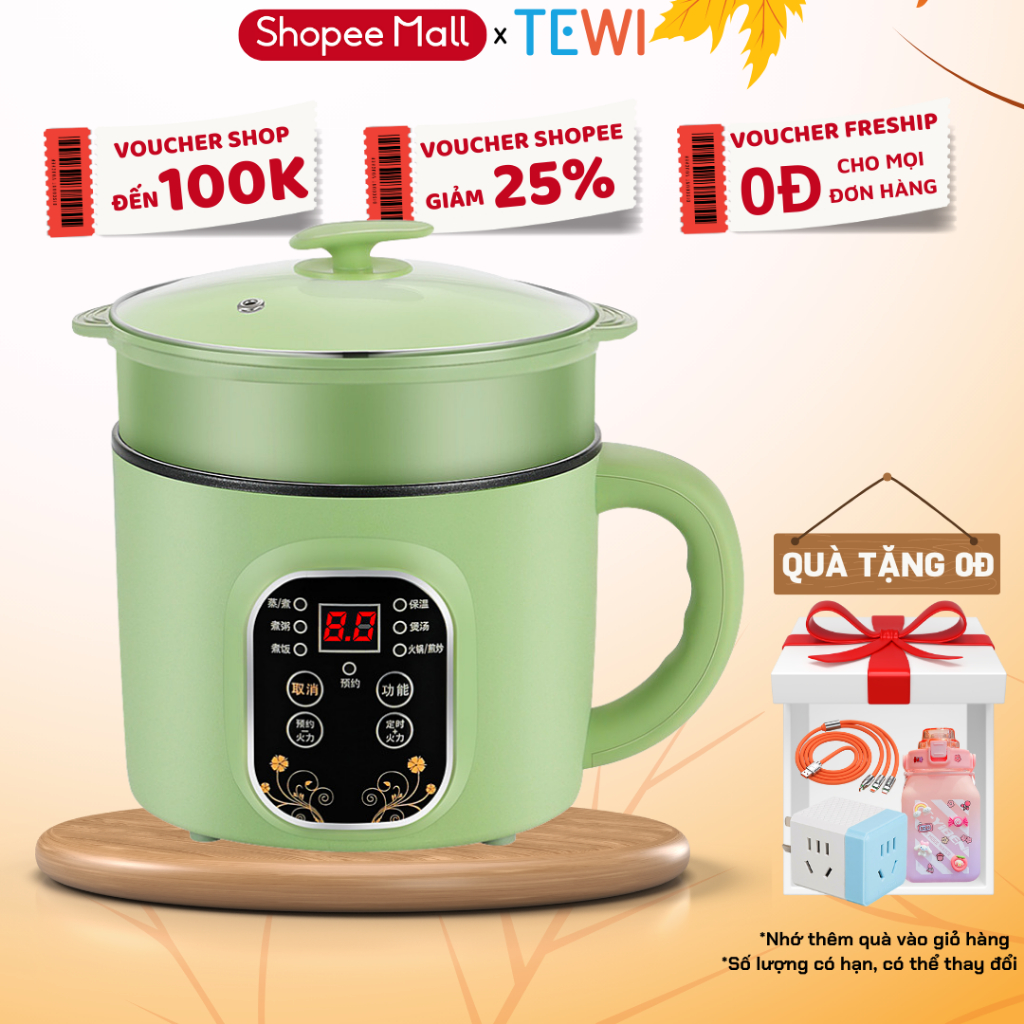 Nồi Lẩu Điện Mini Đa Năng 6 Chế Độ Công Suất 600W Chống Dính Vân Đá, Nồi Lẩu 2 Tầng Chiên xào, Hấp, Lẩu, Nấu Cơm 1.5L