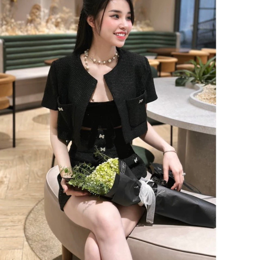 Sét 3 món: Áo khoác dạ tweed dáng crotop + Áo bra + Chân váy chữ A đính nơ đá tiểu thư siêu xinh