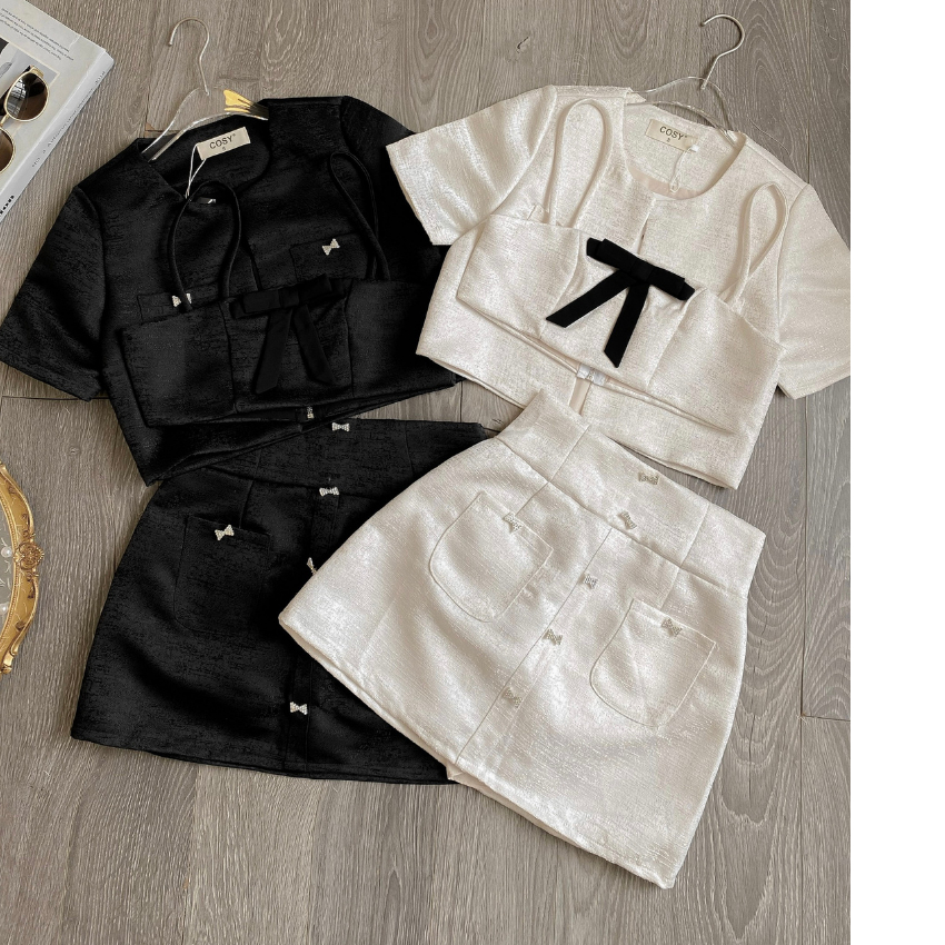 Sét 3 món: Áo khoác dạ tweed dáng crotop + Áo bra + Chân váy chữ A đính nơ đá tiểu thư siêu xinh