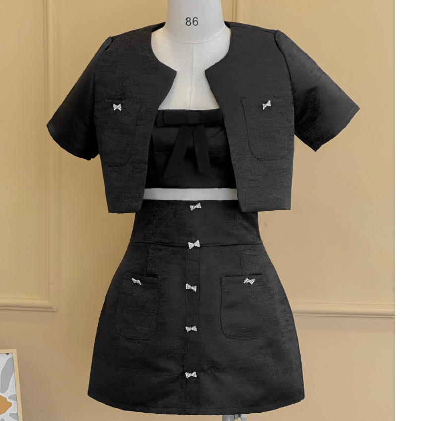 Sét 3 món: Áo khoác dạ tweed dáng crotop + Áo bra + Chân váy chữ A đính nơ đá tiểu thư siêu xinh