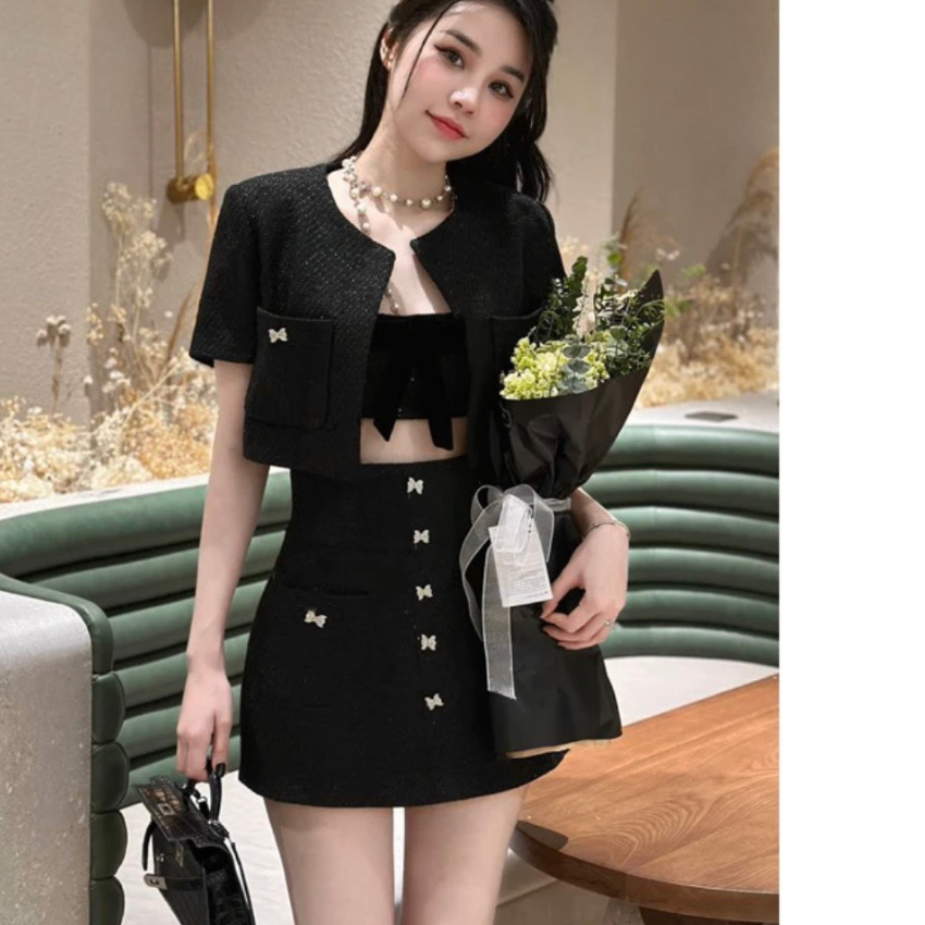 Sét 3 món: Áo khoác dạ tweed dáng crotop + Áo bra + Chân váy chữ A đính nơ đá tiểu thư siêu xinh