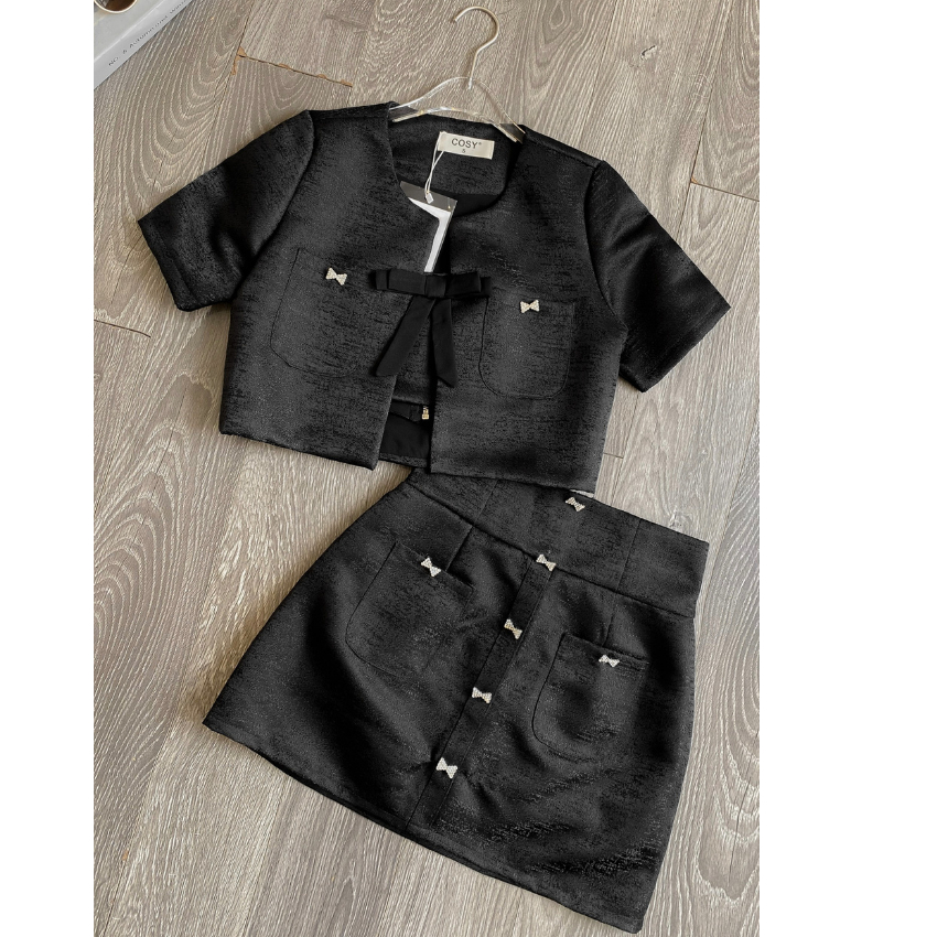 Sét 3 món: Áo khoác dạ tweed dáng crotop + Áo bra + Chân váy chữ A đính nơ đá tiểu thư siêu xinh